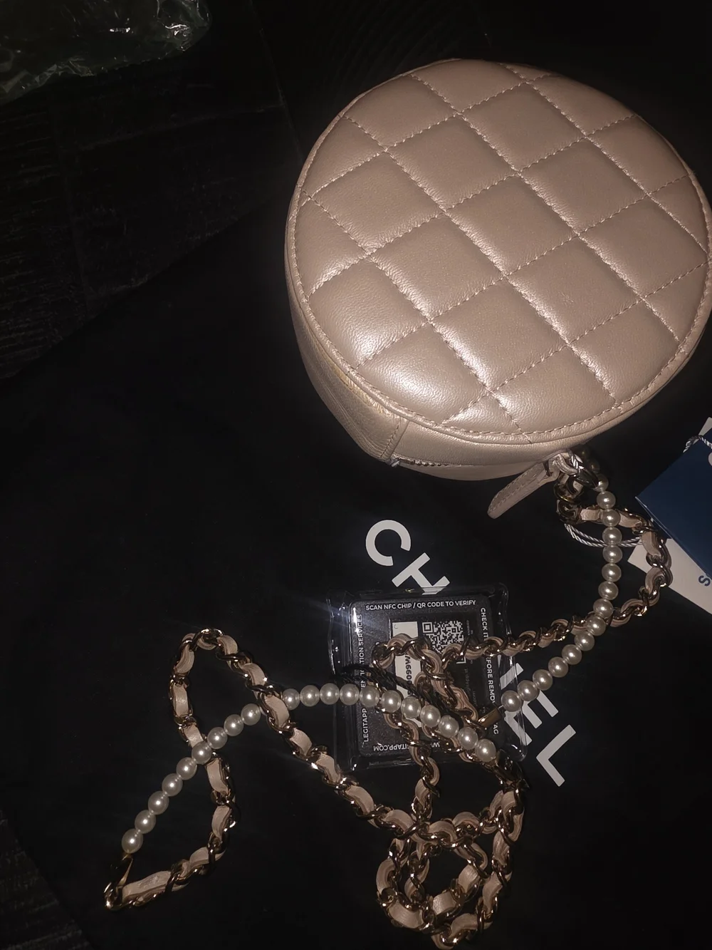 CHANEL Beige Iridescent Calfskin Quilted Round Pearl Chain Crossbody Bag